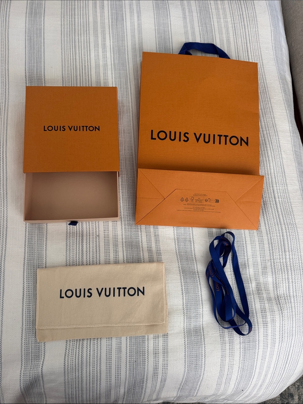 Louis Vuitton accessory box, dust bag, gift bag and ribbon